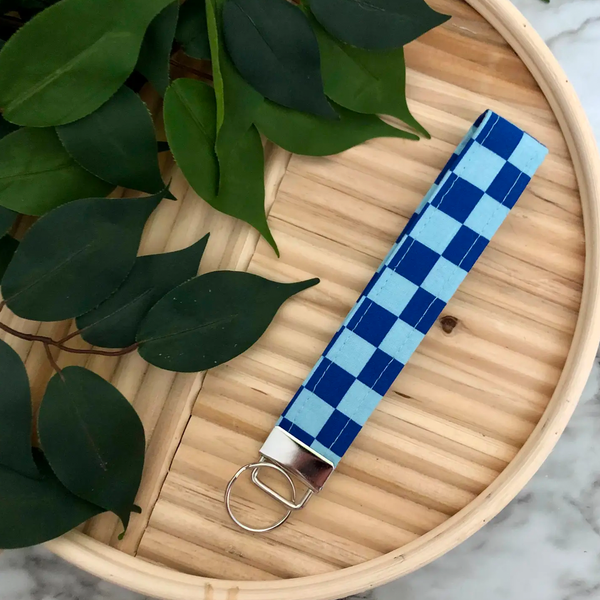 Blue Checkered Fabric Wristlet Keychain