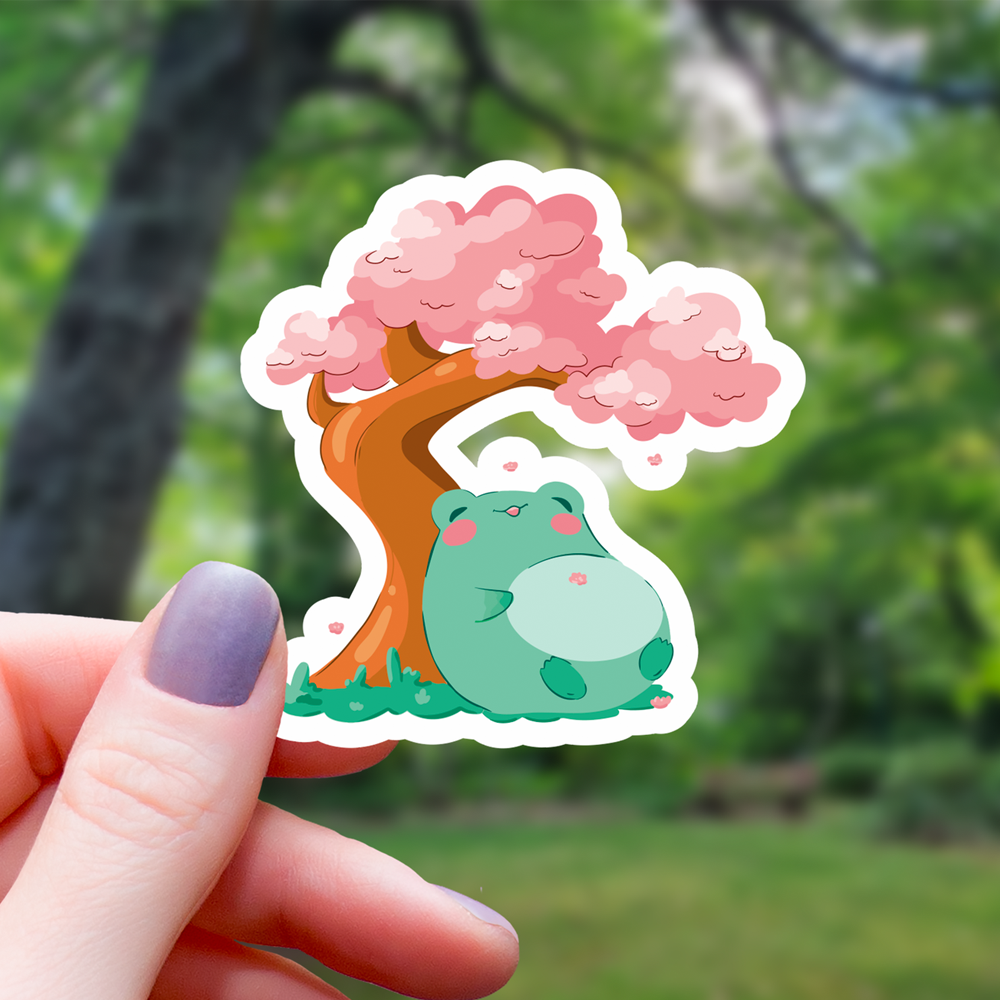 Frog Relaxing Under Cherry Blossom Tree Sticker