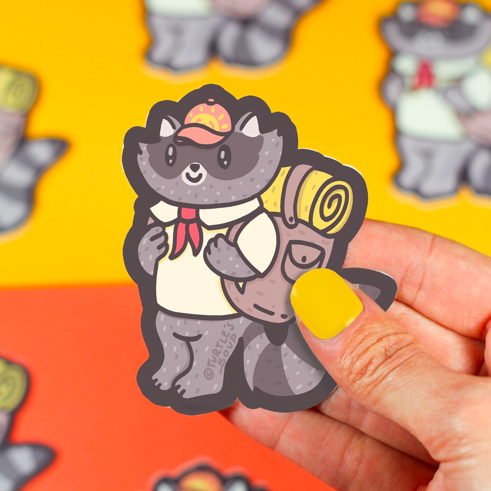 Hiking Raccoon Vinyl Sticker